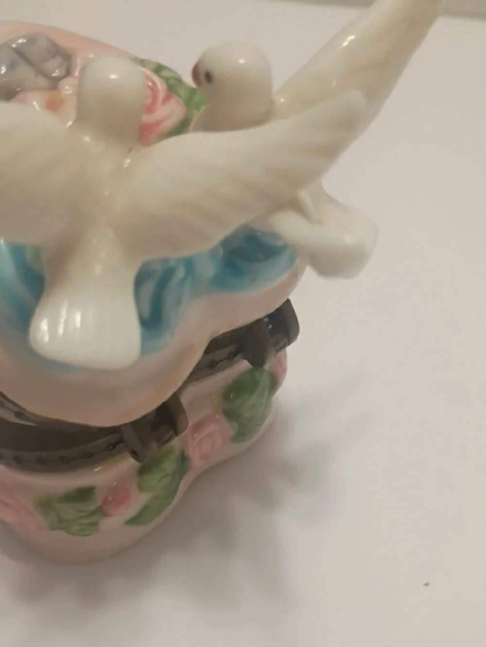Vintage Ceramic Love Birds Trinket Box with Pink Rose Accents Hinged